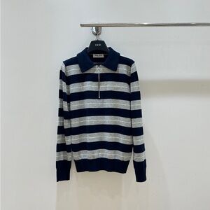 Miu Miu Navy and Gray Striped Zip-Up Sweater